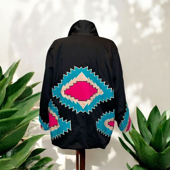 VICTOR CAMARENA Vtg Long Black Jacket Hand Embroidered Southwest Design Sz L - Picture 2 of 4